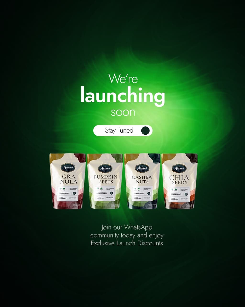 Answell flyer: We're launching soon. Join our WhatsApp community for exclusive launch discounts